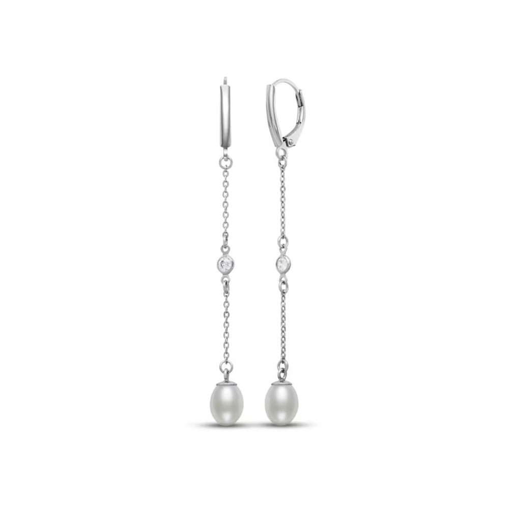 Cultured Pearl & White Lab-Created Sapphire Drop Earrings Sterling Silver NEW!!